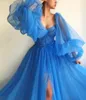 Romantic Blue Muslim Evening Dresses Aline Sweetheart Long Sleeves Tulle Islamic Dubai Saudi Arabic Gown Prom7460191