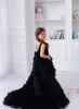 Chic Black Tiered High Low Flower Girl Jurken voor Huwelijk Bateau Hals Lovertjes Backless Toddler Pageant Towns Tulle Kids Prom Dress