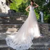 Champagne Beach A Line Wedding Dresses Sheer Scoop Neck Lace Applique Bridal Gowns Sweep Train Garden Wedding Dress Vestidso De Noiva