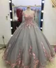 New Luxurious Quinceanera Ball Gown Dresses Illusion Neck Pink Lace Appliques Short Sleeves Sweet 16 Plus Size Party Prom Evening Gowns
