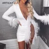 Casual Dresses Sexy See Through Sequin Mesh Patchwork Women Deep V White Feather Mini Party Dress Ladies Nightclub Vestidos