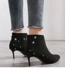 Chic Black Rhinestone Kitten Heel Bootie 6cm Fashion Luxury Designer Kvinnor Skor Vinter Stövlar Storlek 34 till 40