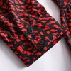 Women Vintage Red Leopard Print A-line Dress Stand Collar Female Fashion High Waist Dresses Party Ruffles