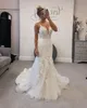 Charmant Mermaid Backless Lace Trouwjurken Sheer Kelderen Hals Bruidsjurken Kralen Sweep Train Tulle robes de mariee2375