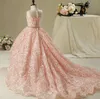 2019 Söt rosa spetsar HI Low Flower Girls Dresses Jewel Ball Gown With Sash Gilrs Pageant Gown First Communion Dresses9433381