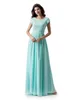 Mint A-line Long Modest Prom Dress With Cap Sleeves New Lace Chiffon Floor Length Modest Bridesmaid Dress For Wed Party