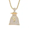 Dollar pläterad 14k guldskylt pengar påsar hänge halsband mikro asfalterad zirkon bling hip hop smyckespresent