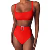 Vrouwen bikinis set effen taille riem strand badpak sexy push up badmode hoge taille badpakken zomer vrouwelijke zwempakken 050519