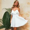 2020 femmes été bretelles robe de plage Sexy col en V dos ouvert à lacets volants Mini robes décontracté robe blanche robes