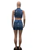 Two Piece Dress Sexy Lace Up Sets Women Bodycon Dresses Summer Sleeveless Hollow Out Jeans Crop Top And Skirt Set Party Club Outfit