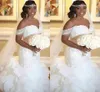 2021 African New Luxury Mermaid Wedding Dresses Off Shoulder Lace Appliques Crystal Beaded Organza Ruffles Formal Plus Size Bridal Gowns