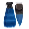 Brezilyalı bakire saç demetleri kapaklar düz 1b mavi 3 demet 4x4 dantel kapalı iki ton renk 1BBlue 4pcs2720591