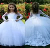 2020 New Lovely Princess Flower Girls Abiti Sheer Neck Applicazioni di pizzo Tulle Maniche lunghe Ball Gown Lungo Compleanno Bambina Abiti da spettacolo