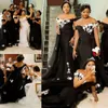 2020 Sexy schwarze Brautjungfernkleider in A-Linie, schulterfrei, weiße Spitze, Applikationen, Tüll, Sweep-Zug, Abschlussball, Hochzeitsgast-Kleider, Trauzeugin-Kleid