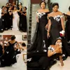 2020 Sexy Black a Line Bridemaid Платья с плечами Белые Кружевные Аппликации Тюль Разведка Поезд Пром Свадьба Гостевые Платья Горничные Платье