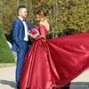 Satin Sexy Amazing Red Wedding Dresses V Neck Off The Shoulder With Long Lace Sleeves Floor Length Bridal Gowns Robe De Mariee Princesse