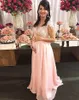 Árabe Lace apliques Maternidade Vestidos com mangas rosa Chiffon Longo Prom Dresses A Linha Formal Partido Vestidos grávidas