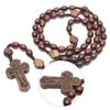 Nova moda artesanal de alta qualidade rodada Bead Católica Rosário Cruz religiosos Castanho Madeira Beads Mens Rosário Colar Deus te abençoe