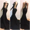 2019 Nouveau Sexy Pas Cher Sirène Robes De Bal Noir Col En V Or Dentelle Appliques Cristal Manches Longues Illusion Balayage Train Split Robes De Soirée Porter