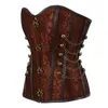Women Vintage Steampunk Gothic PU Leather Panels Jacquard Overbust Corset Top with Chains and Buttons Accent S-6XL Plus Size Brown314K