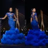 2019 Royal Blue Prom Klänningar Hög Neck Lace Appliqued Pärlor Långärmad Mermaid Evening Dress Cloud Layer Gorgeous Formal Party Grows