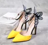 Estilo Celeb Fantasia Borboleta Sapatos Amarelo Preto Saltos Stiletto Tira No Tornozelo Apontou Bombas de Salto Alto 11.5 CM tamanho 35 a 41