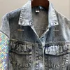 Fashion Design Stile Punk Donna Primavera Giacca Cappotto Paillettes Manica Donna Denim Giacca lunga Cappotto Crop Top Abrigos Mujer Donna