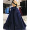 Blue Halter Navy pärlstav promenad klänningar backless bow svep tåg tyll boll ärmlös skräddarsydd formell aftonklänning plus storlek