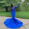 Royal Blue Prom Dresses Long 2021 Mermaid Evening Jewel Hollow Back Długi Rękaw Sweep Sweep Appliques Koraliki Dostosowane