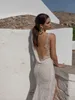 Lian Rokman Mermaid Split Suknie Ślubne 2020 Appliqued Lace Deep V Neck Koraliki Suknie Ślubne Sweep Pociąg Backless Robe de Mariée