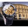 ForSining Royal Black Golden Clock Transparent Case Fashion Black äkta läderband Lysande händer Automatiska klockor för Men315A