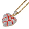 Hip Hop Guldpläterad Solid Back Broken Heart Iced Out Pendant Halsband med Rostfritt Stål Rope Chain