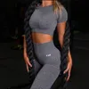 Mode Logo Sport Set Frauen Grau Lila Zwei 2 Stück Crop Top Hohe Taille Leggings Sportsuit Workout Outfit Fitness gym Yoga Sets6379021