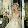 Long Tail Satin Ball Gown Wedding Dresses 2020 New Sheer Long Sleeves Lace Appliques Beaded Chapel Train Bridal Gowns Plus Size AL4205