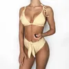 Riseado-Bikinis brasileños de cintura alta para mujer, traje de baño Sexy con estampado a rayas, bikini anudado con realce, ropa de playa 2020