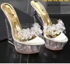 Zapatos de cristal de lujo de 14 cm, sandalias transparentes de tacón de cuña con cuentas de flores rosas, zapatos de boda de diseñador para mujer, vienen con caja