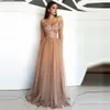 Schulterfreies, saudi-arabisches, muslimisches Champagner-Abendkleid, A-Linie, langes Tüll-Abendkleid, formelles Partykleid