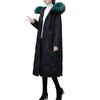 Kvinnor Down High Grade Winter Black Embroidered Parka Coat Jacket Women Korean Long Big Fur Collar White Duck Coa