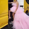 Fashion Pink Tiered High Low Tutu Prom Dresses Off the Shoulder Puffy Long Formal Party Evening Dresses Chic Tulle Prom Gowns M34 2331