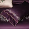 42 4 / 7PCS Lila Egyptisk bomull Satin Bedding Set Queen King Size Bed Set Bedsheets Linne Europe Broderi Duvet Cover