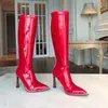 Hot Sale- fashion designer women patent leather boots Pointed high heel Knee High Boots Slip On knight boots Motorcycle boot 35-41