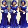 Royal Blue Lace Plus Size Avondjurken V-hals van de Schouder Zuid-Afrika Formele Jurk Lange Mermaid Prom-jurken ASO EBI Custom Made