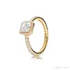 新しい 3 色スクエア CZ ダイヤモンド石結婚指輪オリジナルパンドラ 925 シルバーローズゴールドイエローゴールドメッキリングセット女性のための