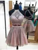 Sexy Two Pieces Lace Arabic Short Homecoming Dresses Backless 2019 Sleeveless African Short Prom Dress Cocktail Graduation Party Club Wear