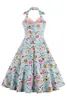 Billiga Audrey Hepburn 1950 Rockabilly Casual Dresses Halter Ball Gown Vintage Print Blommor Slim Knee Längd Kvinnor Party Dresses FS1404