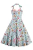 Barato Audrey Hepburn 1950 Rockabilly Vestidos casuales Halter Vestido de fiesta Estampado vintage Flores Longitud de la rodilla delgada Vestidos de fiesta para mujeres FS286a