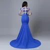 Africano Plus Size Royal Blue Sereia Prom Vestidos Jóia Pescoço Lace Appliqued Sheer Sleeves Longa Vestido de Noite Vestido formal vestido robes de soirée