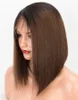 Peruca de cabelo humano, marrom escuro, renda completa, cabelo liso, curto, virgem malaio, sem cola, peruca dianteira de renda, ombre, dois tons, 1b49744719