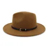 2020 Wide Brim Fedoras Men Wool Felt Hattar Khaki Casual Jazz Hat Kvinnor Stor Brim Solid Belt Höst Fashion Fedora Caps Black