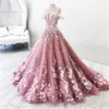 2020 Saudi Arabisch Rondborstige Roze Off Shoulder Prom Jurken Witte Kant 3D Floral Appliques A Line Long Sweep Train Party Avondjurken Vestidos